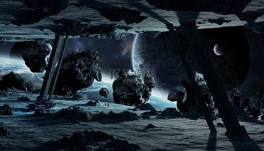 元宇宙元素背景图片_宇航员探索小行星宇宙飞船3d 渲染元素