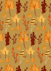 手绘秋天植物背景图片_卡通秋季复古图形无缝背景