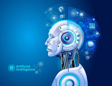 脑背景图片_人工智能数字技术的概念。具有全息图、脑和大数据分析的机器人.