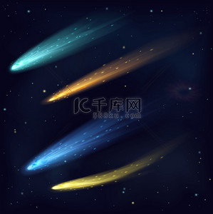 逼真色彩向量流星小行星彗星在夜空中的空间。空间宇宙银河背景.