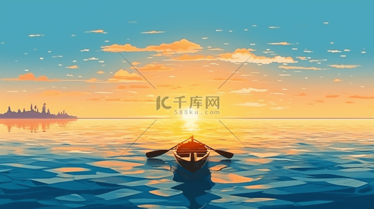 夏日清新背景图片_夏日清新海上划船日落大场景