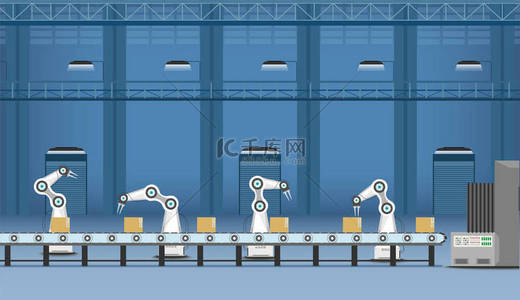 自动化工厂，带机械臂、机器和传送带平面设计矢量图