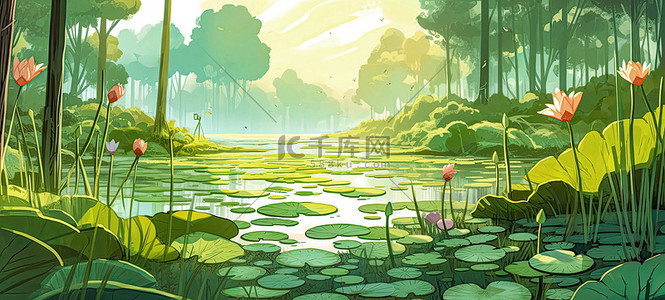 夏日荷塘，插图背景，清新场景，背景图
