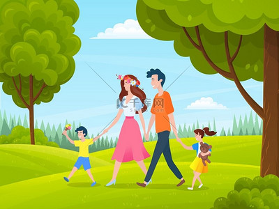 家人在公园或乡村散步，人们在大自然中散步，头上戴着花的女人，父母牵着女儿和儿子的手，一起度过闲暇时光，家庭户外活动，夏季。