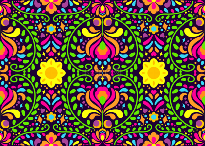 彩色花纹背景图片_墨西哥传统花纹彩色复古花朵条纹背景