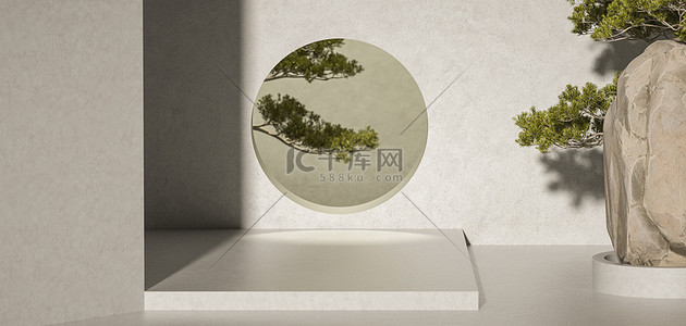 c4d中国风展台背景图片_C4D中国风岩石松树暖色质感背景