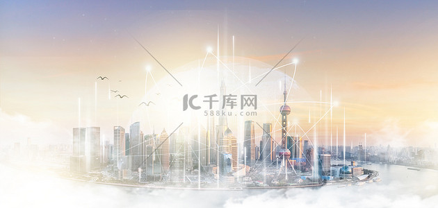 上海背景图片_科技城市上海建筑简约创意合成