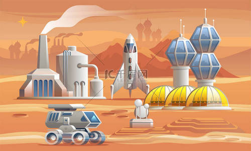 火星上的人类 colonizators流浪者驾驶横跨红色行星在工厂、温室和太空飞船附近