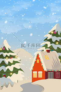 东北雪屋背景图片_圣诞节房屋雪花下雪背景