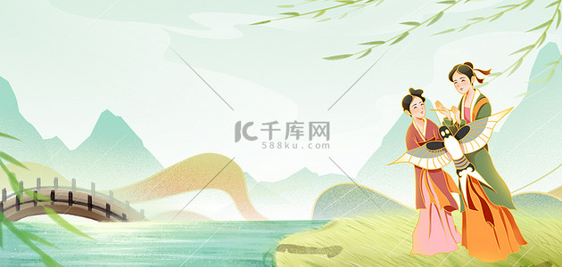 山水节背景图片_上巳节女孩中国风背景