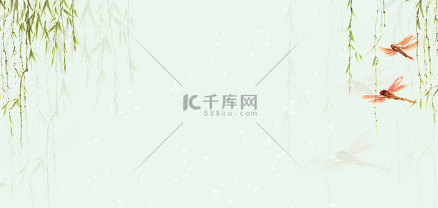 柳叶手绘背景图片_简约蜻蜓淡绿色手绘banner