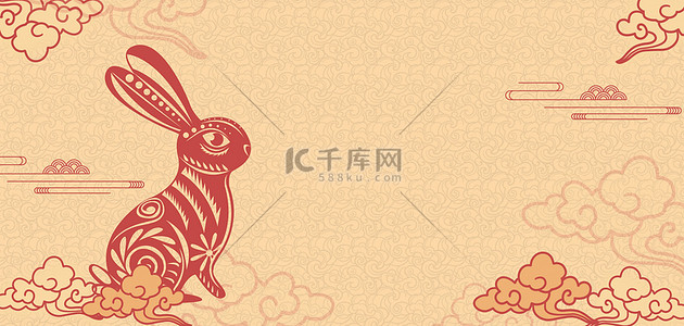 兔年国潮贺岁插画背景图片_兔年祥云剪纸兔子复古色中国风海报背景