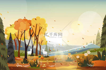 秋天的野草背景图片_秋天乡村风景的幻想全景，秋天的全景，田园，高山，野草和树叶从树上落下来的黄叶。秋天的奇景