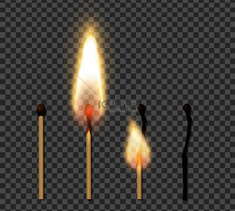 逼真的火柴棒火焰图标集与燃烧火柴矢量图的四个步骤