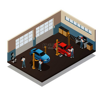 汽车维修维护自动服务站等距视图内部与汽车机械团队与 2 辆车矢量图。