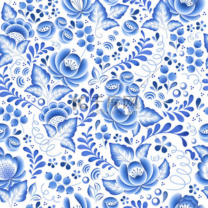 蓝色花美丽的花卉俄罗斯瓷器民间装饰.