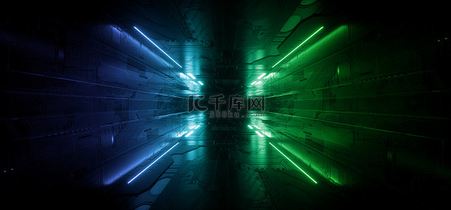 space背景图片_Neon laser Schematic Motherboard Texture Blue Green laser Alien Spacship Dark Night Showroom Tunnel Empty Space Background 3D Rendering Illustration