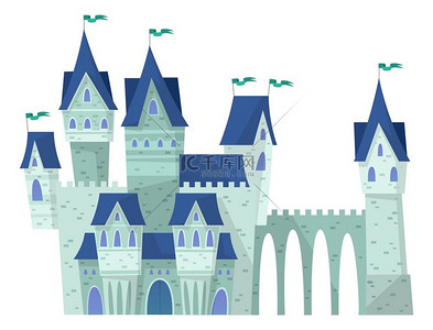 童话城堡与塔和石桥在白色背景上孤立的卡通风格。