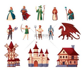 中世纪人物卡通套装城堡和磨坊孤立矢量插图