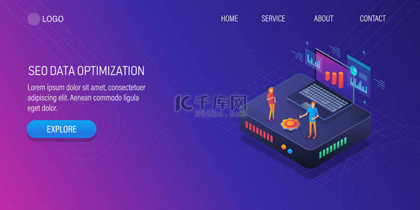 Seo 性能、数据监控、数字营销团队分析笔记本电脑上的 seo 数据、等轴测设计、垂直网络横幅、矢量图.