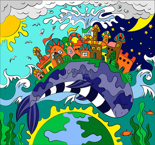 在鲸鱼的背上画了一个城市的童话故事。 地球日日夜夜.