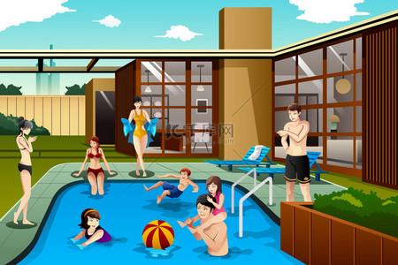 朋友背景图片_家人和朋友把时间花在后院的游泳池