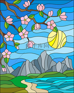 大海背景图片_插图在彩色玻璃风格与樱花在背景上的山脉，天空，太阳和大海