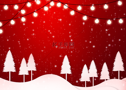 金色矢量剪纸图背景图片_灯串植物红色天空圣诞雪花背景