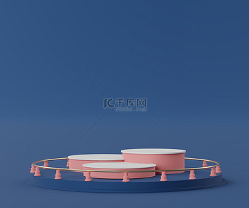 时装秀背景图片_3D几何图形。经典的蓝色讲台。时装秀舞台、基座、店面,主题五彩缤纷.产品展示的最小场景。化妆品广告的背景摘要.