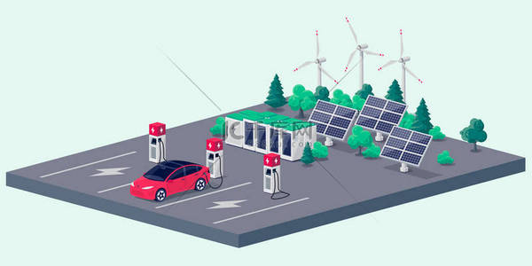 电动车收费停车场与快速增压站和许多充电器摊位。可再生能源太阳能电池板上的车辆风力蓄电池存储站在网络网格中.矢量说明.