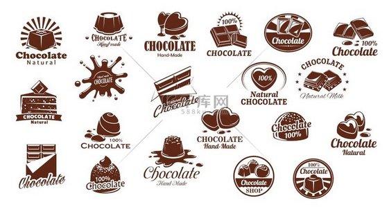 巧克力糖果和糖果矢量图标集。
