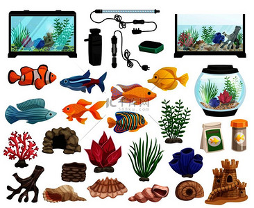 Aquaristics 卡通设置与水族馆鱼类珊瑚石头海藻贝壳和不同形状的水族箱矢量图。