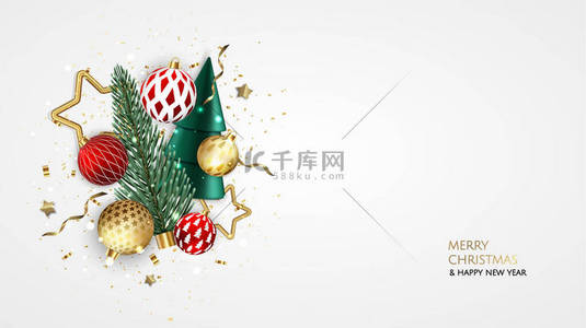 圣诞快乐，新年快乐。圣诞节背景，现实的3D物体，蓝色和金色的球，圆锥形的圣诞树。浮选落差设计构成.