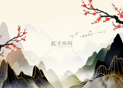 粉色墨迹花背景图片_山间红色梅花水墨山峰背景