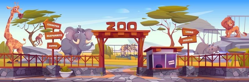 动物园里有可爱的非洲动物，入口有木拱、栅栏和收银台。