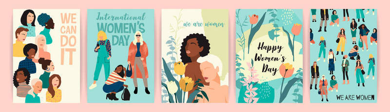 Day背景图片_Vector set of illustrations with abstract women with different skin colors. International Womens Day. Struggle for freedom, independence, equality.
