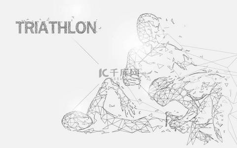 铁人三项背景图片_游泳, 骑自行车和跑铁人三项游戏的形式线, 三角形和粒子风格的设计。插图向量