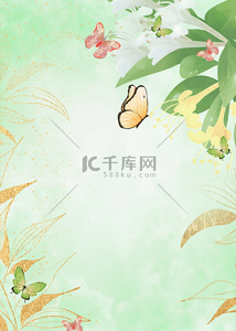矢量图形的昆虫背景图片_蝴蝶花卉金色植物水彩绿色自然背景