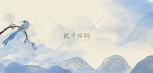 中中国画背景图片_中国风山水鸟儿蓝色简约背景
