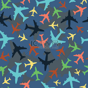 首页商务图背景图片_用飞机的无缝模式。蓝色背景和多彩多姿的小飞机.
