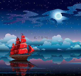  夜海景帆船与繁星密布的天空.
