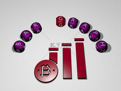 bar GRAPH图标被单个字母的文字环绕。3D插图。背景和酒精