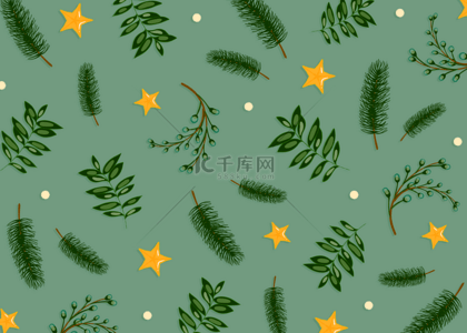 绿色长图背景图片_绿色松枝星星圣诞节平铺背景