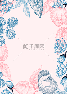 夏季水果手绘背景图片_植物线条蓝色背景