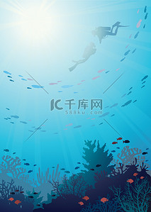 生物蓝色背景背景图片_水下的珊瑚礁和潜水者.