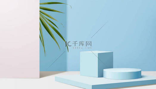 产品活动促销背景图片_3D插图中带有蓝色正方形圆形舞台和棕榈叶的广告背景模板