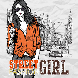 矢量街道背景图片_街道背景上可爱的时尚女孩。手工绘制的矢量图.