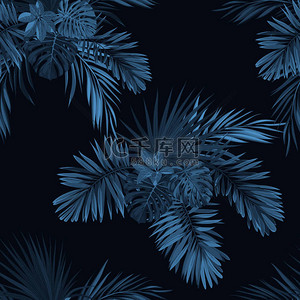 蓝色深蓝色的热带雨林植物图案。无缝线矢量热带面料设计与凤掌叶.矢量说明.
