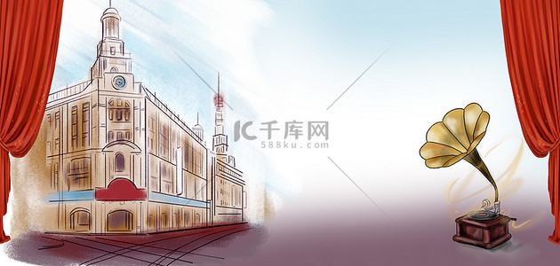 上海老城背景图片_老上海留声机红色复古背景