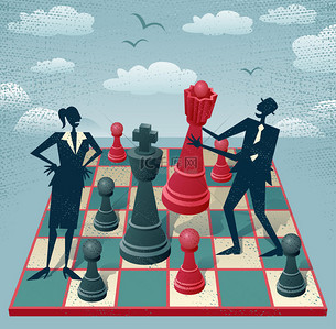 象棋游戏背景背景图片_抽象的商人和女商人玩象棋游戏.